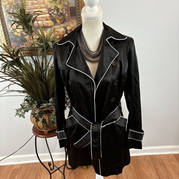 iz Byer California Black Trench Jacket S Padded Shoulder Pockets Button Front - Picture 2 of 14